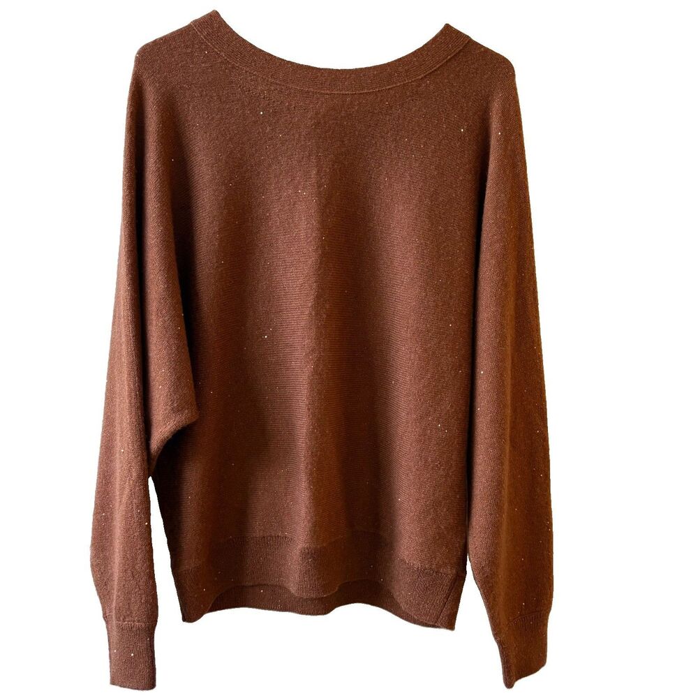 Lafayette 148 New York Womens L Brown Knit Crew Neck Pullover Sweater Sequin